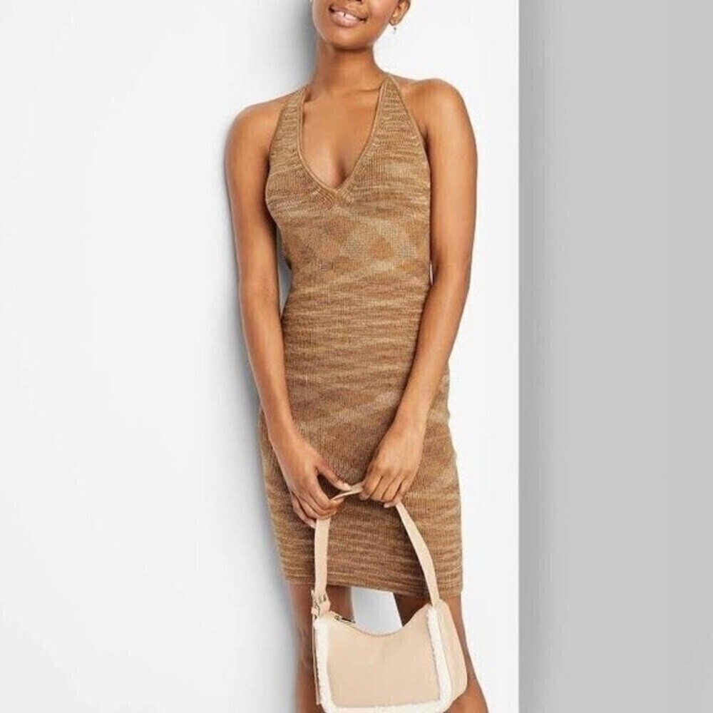 Wild Fable Knit Sweater Dress Brown Halter Mini Stretchy NWT Womens Size Large